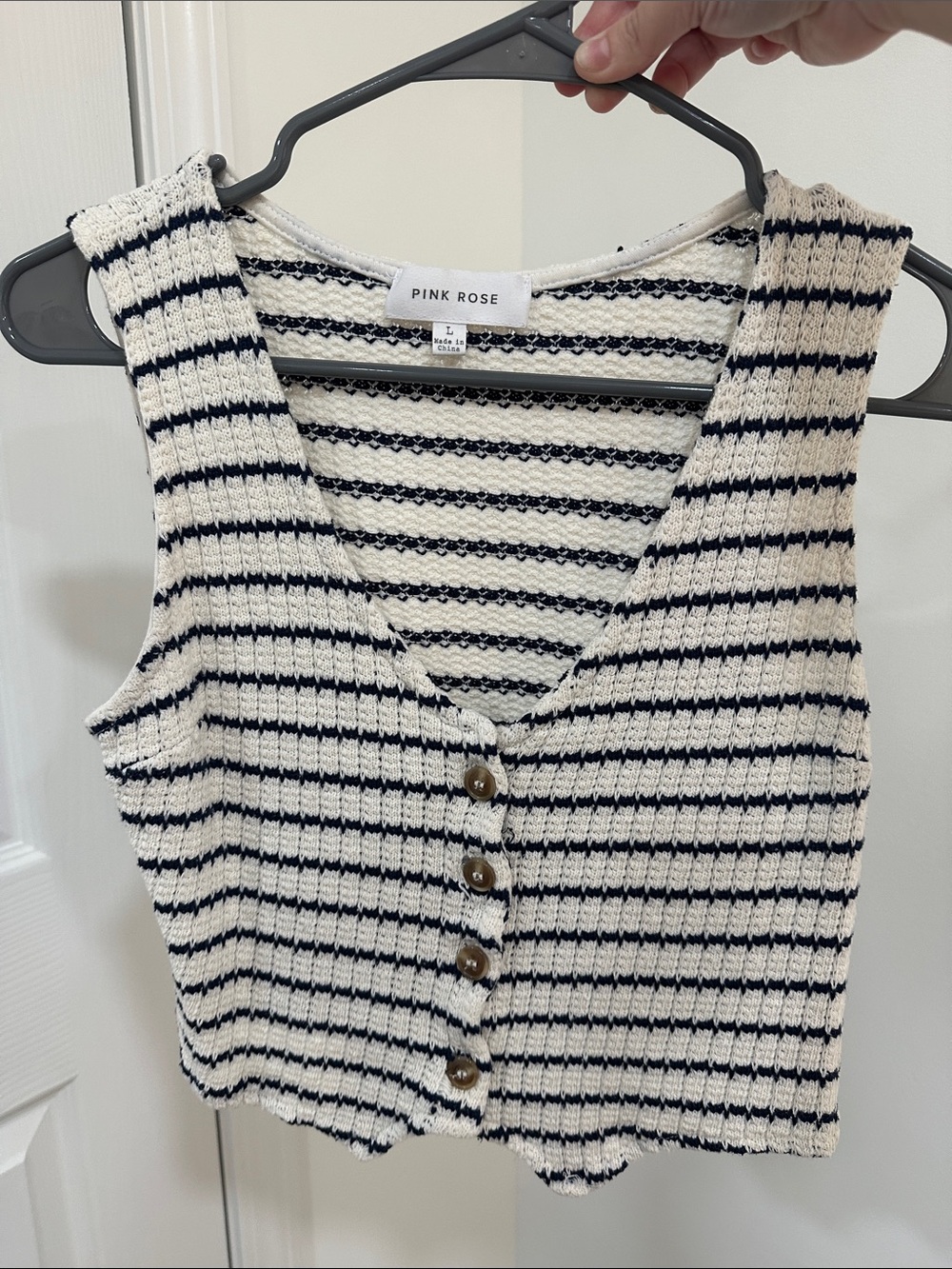Pink Rose Navy & White Striped Knit Button Tank